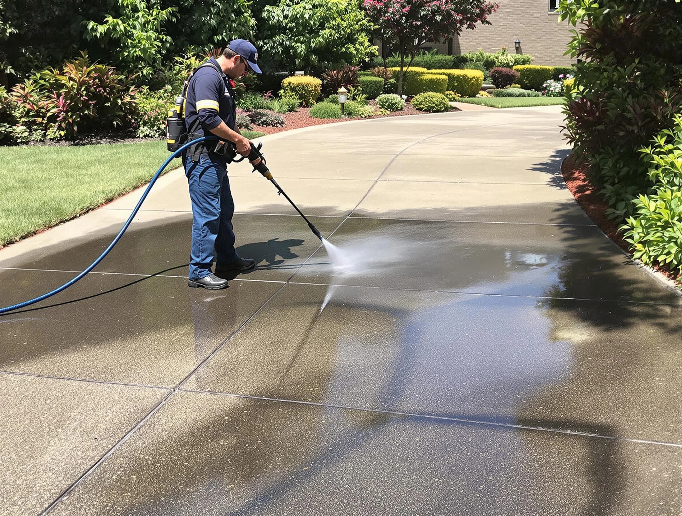 Experienced Wadsworth Power Washing team member pressure washing a driveway in Wadsworth